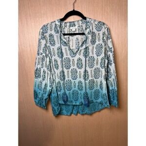 Sundance Womens Blouse Top Small Blue Green Floral Print Long Sleeve